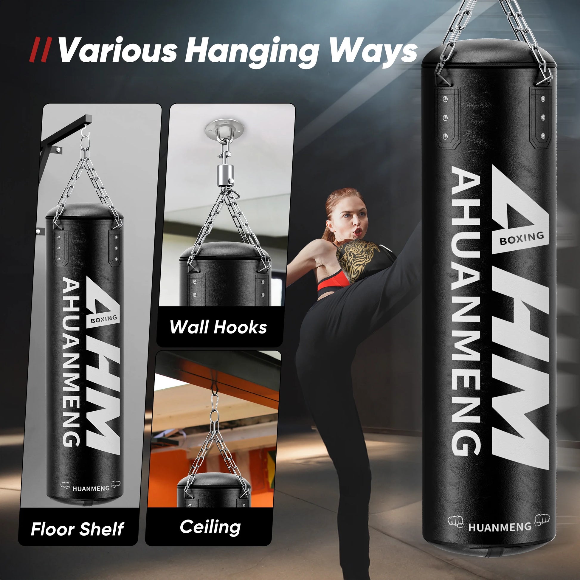 Punching Bag for Adults 4FT PU Heavy Boxing Bag Set Hanging Boxing Bag Kit W/ 12Oz Gloves