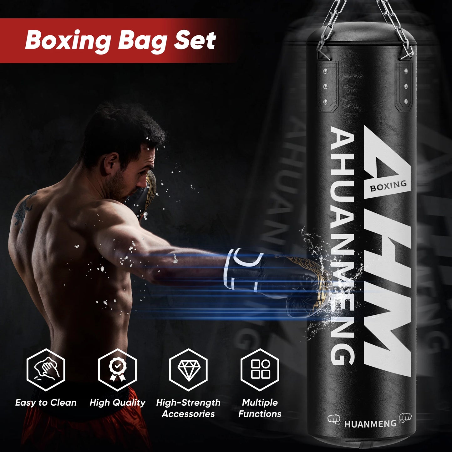 Punching Bag for Adults 4FT PU Heavy Boxing Bag Set Hanging Boxing Bag Kit W/ 12Oz Gloves